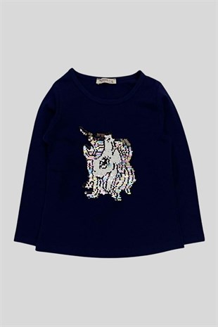 4-8 Yaş Kız Çocuk Unicorn Uzun Kollu T-Shirt Lacivert