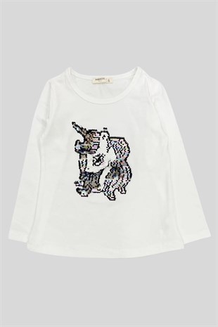 4-8 Yaş Kız Çocuk Unicorn Uzun Kollu T-Shirt Ekru